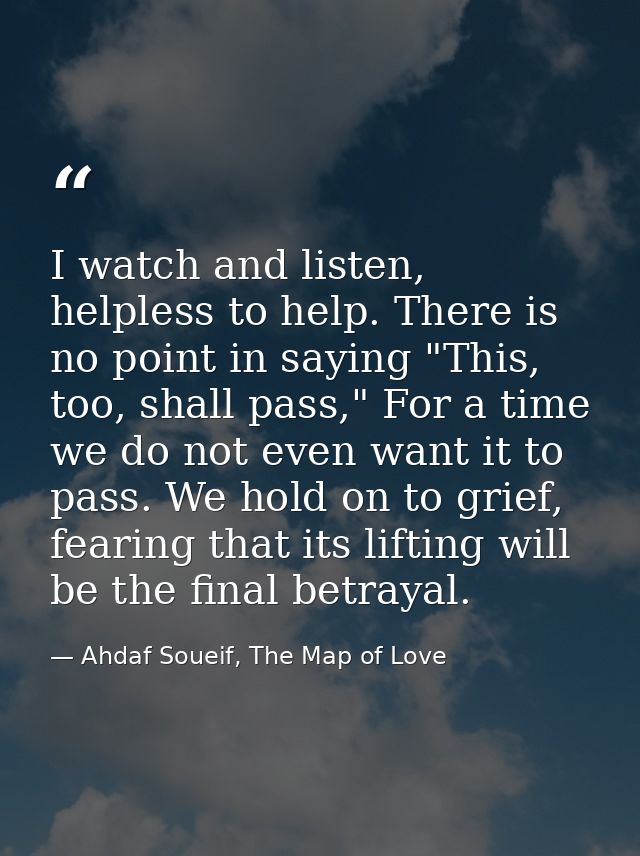 I watch and listen, helpless to help. There is no point in saying "This, too, shall pass," For a time we do not even wan — Ahdaf Soueif, The Map of Love