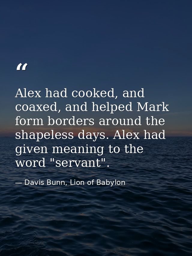 Alex had cooked, and coaxed, and helped Mark form borders around the shapeless days. Alex had given meaning to the word  — Davis Bunn, Lion of Babylon