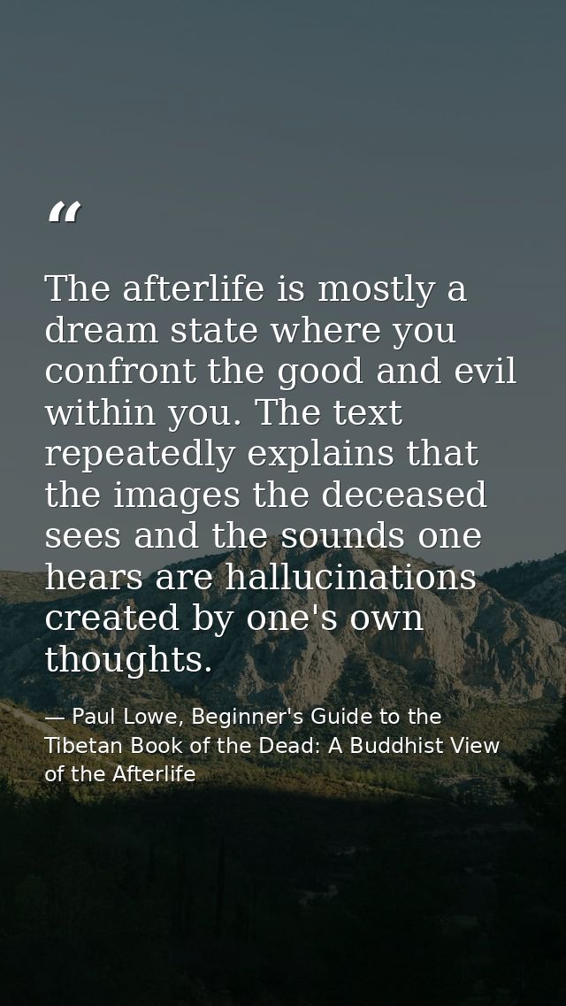 The afterlife is mostly a dream state where you confront the good and evil within you. The text repeatedly explains that — Paul Lowe, Beginner's Guide to the Tibetan Book of the Dead: A Buddhist View of the Afterlife