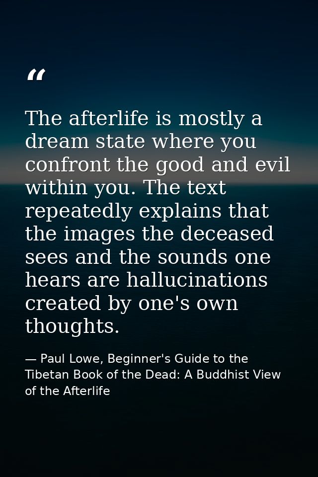 The afterlife is mostly a dream state where you confront the good and evil within you. The text repeatedly explains that — Paul Lowe, Beginner's Guide to the Tibetan Book of the Dead: A Buddhist View of the Afterlife