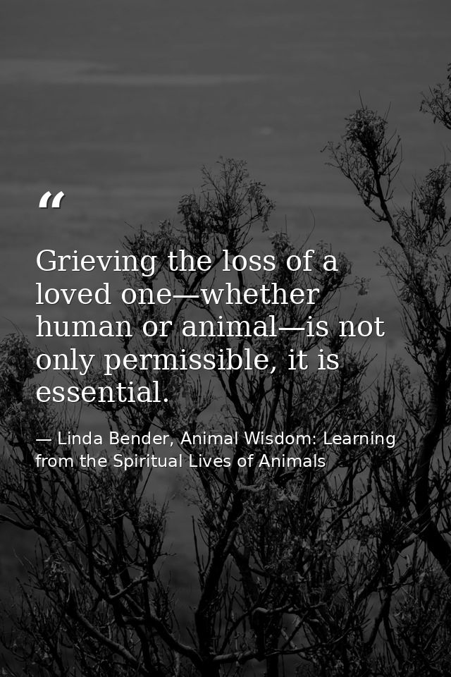Grieving the loss of a loved one—whether human or animal—is not only permissible, it is essential. — Linda Bender, Animal Wisdom: Learning from the Spiritual Lives of Animals