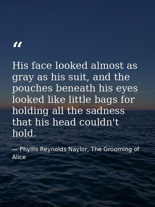 His face looked almost as gray as his suit, and the pouches beneath his eyes looked like little bags for holding all the — Phyllis Reynolds Naylor, The Grooming of Alice