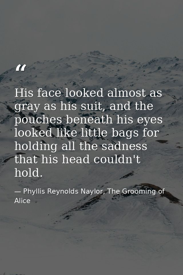 His face looked almost as gray as his suit, and the pouches beneath his eyes looked like little bags for holding all the — Phyllis Reynolds Naylor, The Grooming of Alice