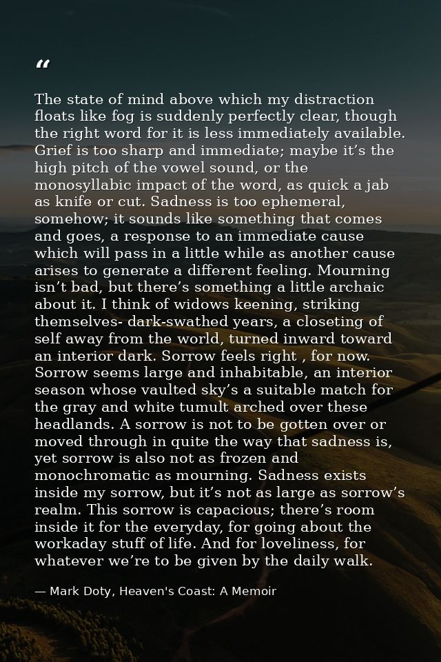 The state of mind above which my distraction floats like fog is suddenly perfectly clear, though the right word for it i — Mark Doty, Heaven's Coast: A Memoir