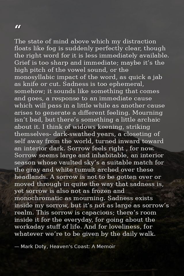 The state of mind above which my distraction floats like fog is suddenly perfectly clear, though the right word for it i — Mark Doty, Heaven's Coast: A Memoir