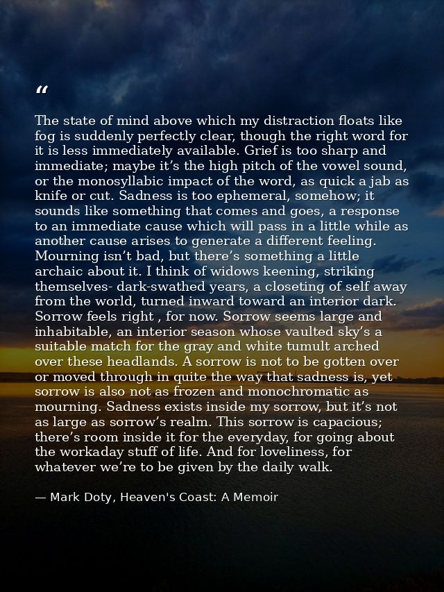 The state of mind above which my distraction floats like fog is suddenly perfectly clear, though the right word for it i — Mark Doty, Heaven's Coast: A Memoir