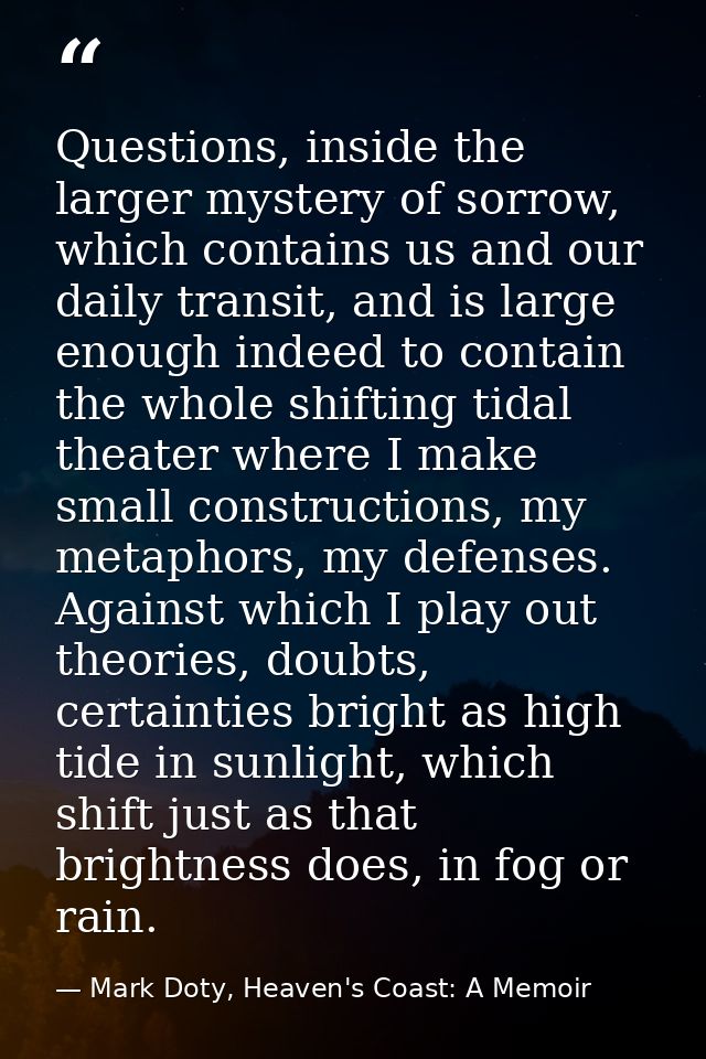 Questions, inside the larger mystery of sorrow, which contains us and our daily transit, and is large enough indeed to c — Mark Doty, Heaven's Coast: A Memoir