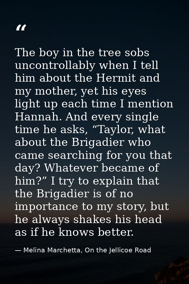 The boy in the tree sobs uncontrollably when I tell him about the Hermit and my mother, yet his eyes light up each time  — Melina Marchetta, On the Jellicoe Road
