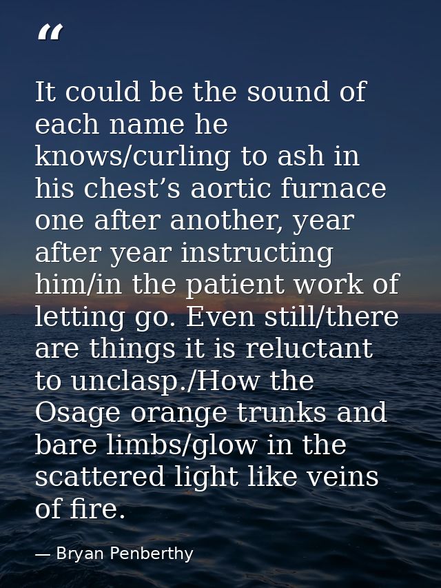 It could be the sound of each name he knows/curling to ash in his chest’s aortic furnace one after another, year after y — Bryan Penberthy