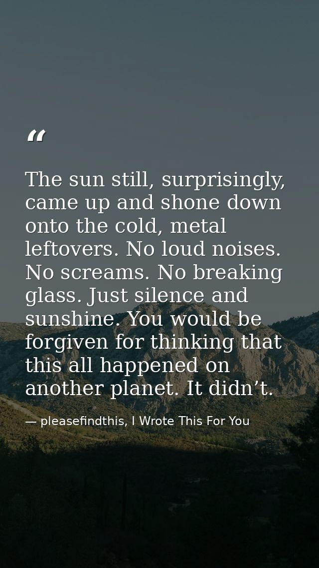 The sun still, surprisingly, came up and shone down onto the cold, metal leftovers. No loud noises. No screams. No break — pleasefindthis, I Wrote This For You