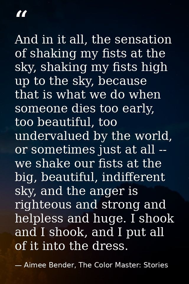 And in it all, the sensation of shaking my fists at the sky, shaking my fists high up to the sky, because that is what w — Aimee Bender, The Color Master: Stories