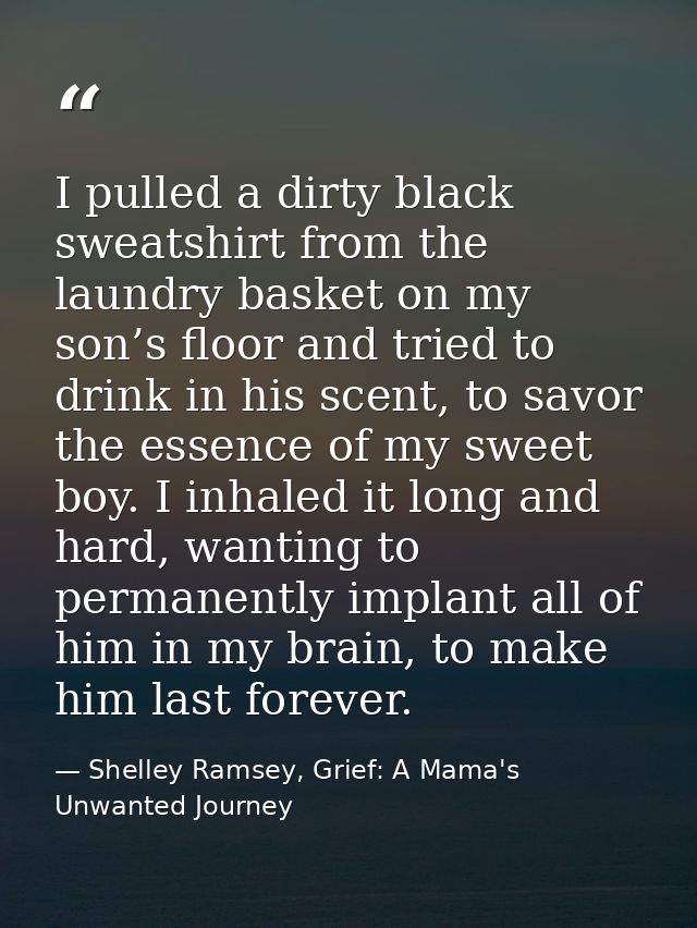 I pulled a dirty black sweatshirt from the laundry basket on my son’s floor and tried to drink in his scent, to savor th — Shelley Ramsey, Grief: A Mama's Unwanted Journey
