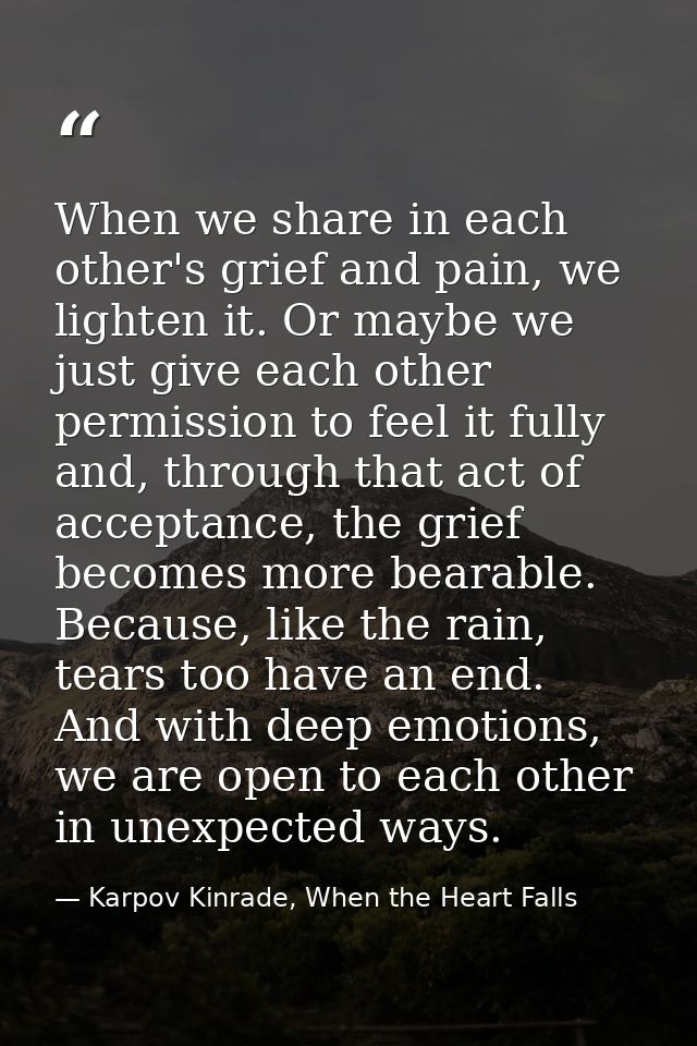 When we share in each other's grief and pain, we lighten it. Or maybe we just give each other permission to feel it full — Karpov Kinrade, When the Heart Falls