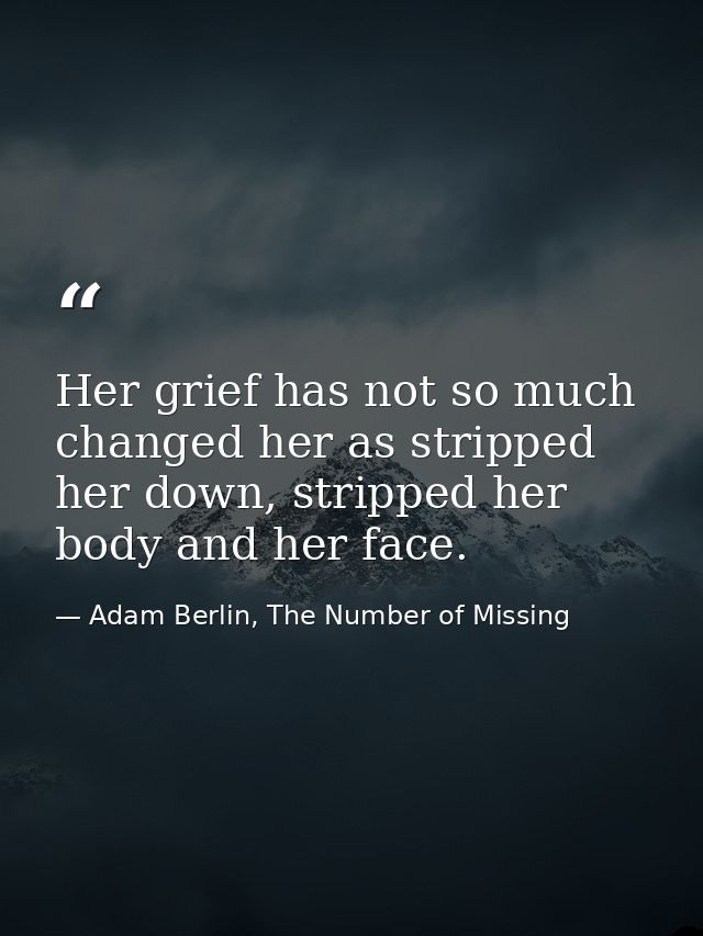 Her grief has not so much changed her as stripped her down, stripped her body and her face. — Adam Berlin, The Number of Missing