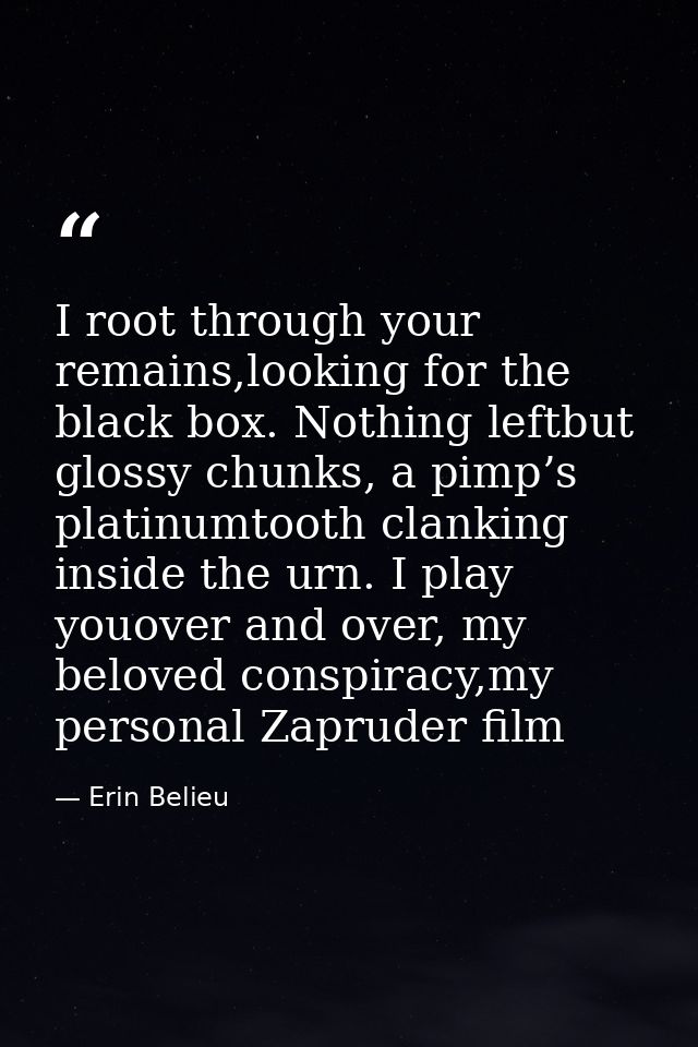 I root through your remains,looking for the black box. Nothing leftbut glossy chunks, a pimp’s platinumtooth clanking in — Erin Belieu