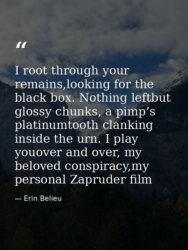 I root through your remains,looking for the black box. Nothing leftbut glossy chunks, a pimp’s platinumtooth clanking in — Erin Belieu