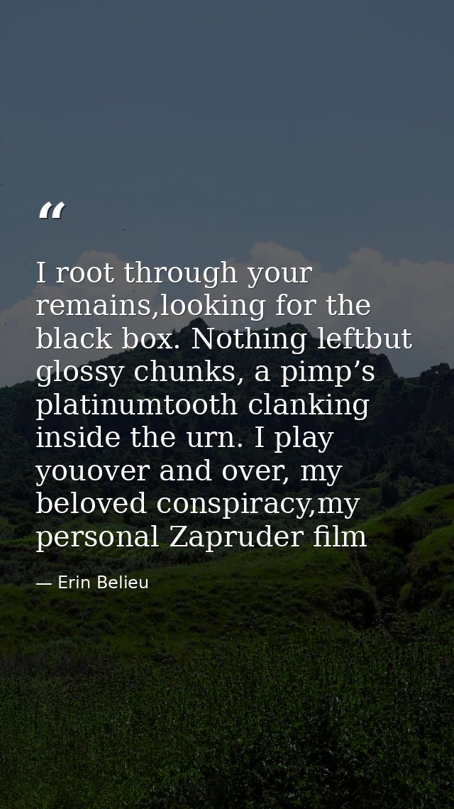I root through your remains,looking for the black box. Nothing leftbut glossy chunks, a pimp’s platinumtooth clanking in — Erin Belieu