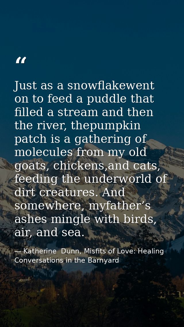 Just as a snowflakewent on to feed a puddle that filled a stream and then the river, thepumpkin patch is a gathering of  — Katherine  Dunn, Misfits of Love: Healing Conversations in the Barnyard