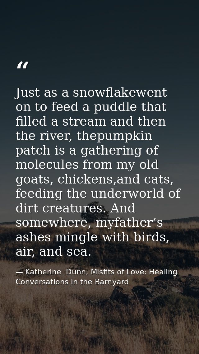 Just as a snowflakewent on to feed a puddle that filled a stream and then the river, thepumpkin patch is a gathering of  — Katherine  Dunn, Misfits of Love: Healing Conversations in the Barnyard