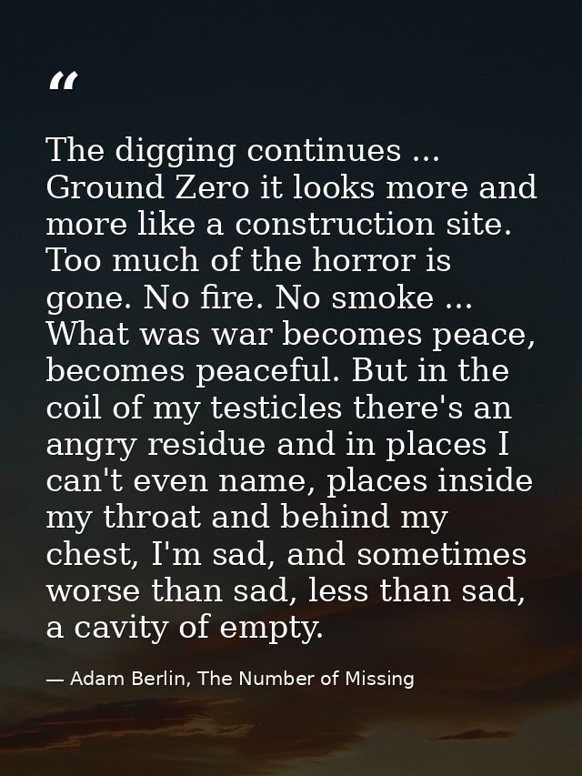 The digging continues ... Ground Zero it looks more and more like a construction site. Too much of the horror is gone. N — Adam Berlin, The Number of Missing