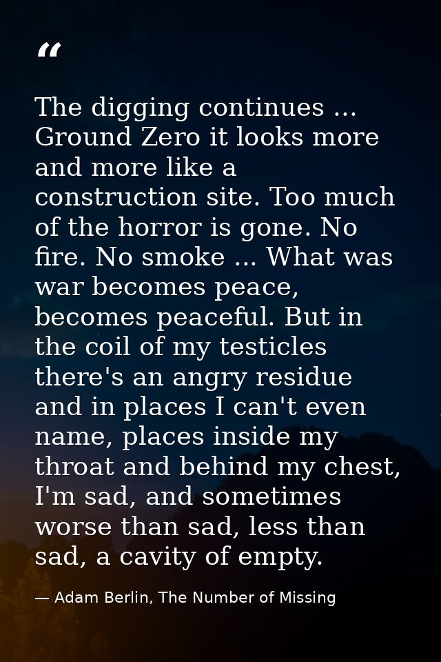 The digging continues ... Ground Zero it looks more and more like a construction site. Too much of the horror is gone. N — Adam Berlin, The Number of Missing