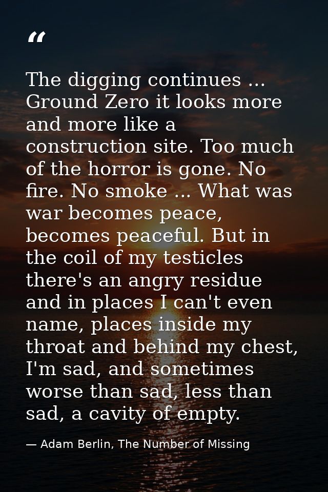 The digging continues ... Ground Zero it looks more and more like a construction site. Too much of the horror is gone. N — Adam Berlin, The Number of Missing