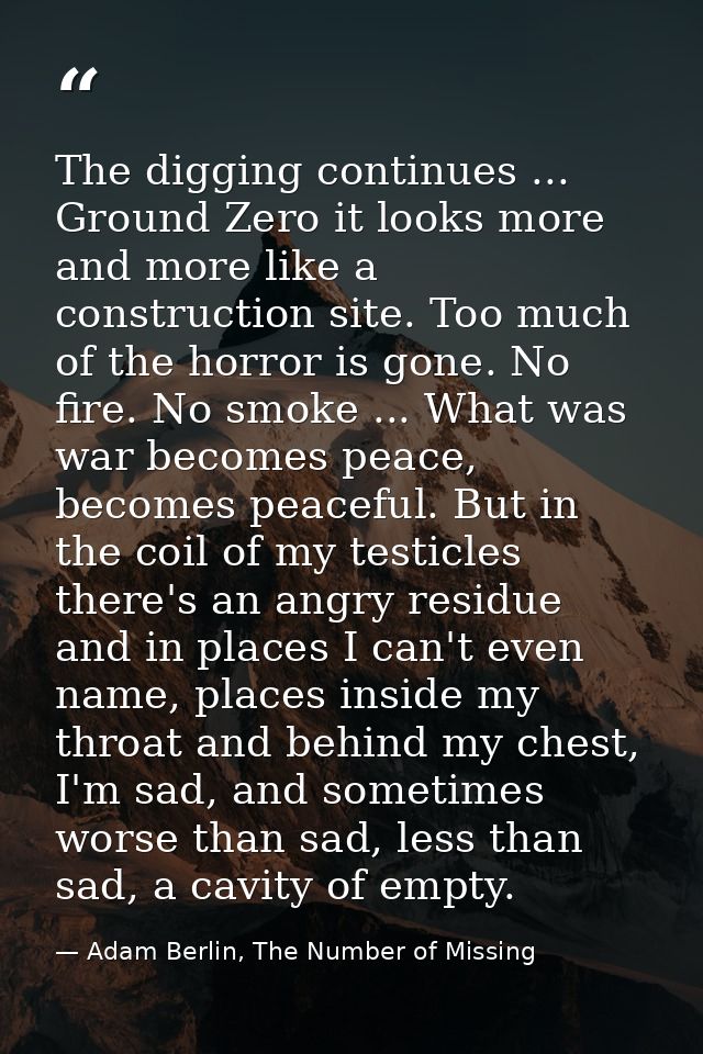 The digging continues ... Ground Zero it looks more and more like a construction site. Too much of the horror is gone. N — Adam Berlin, The Number of Missing