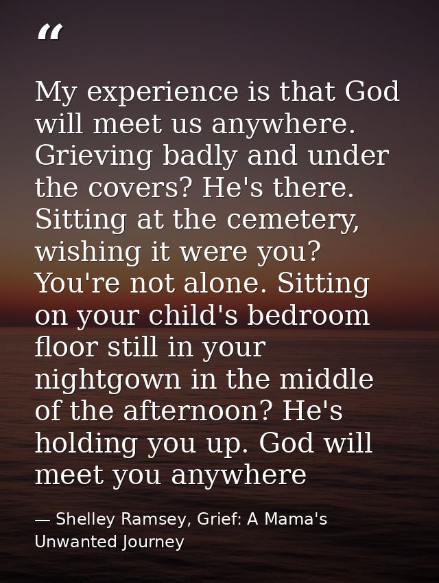 My experience is that God will meet us anywhere. Grieving badly and under the covers? He's there. Sitting at the cemeter — Shelley Ramsey, Grief: A Mama's Unwanted Journey