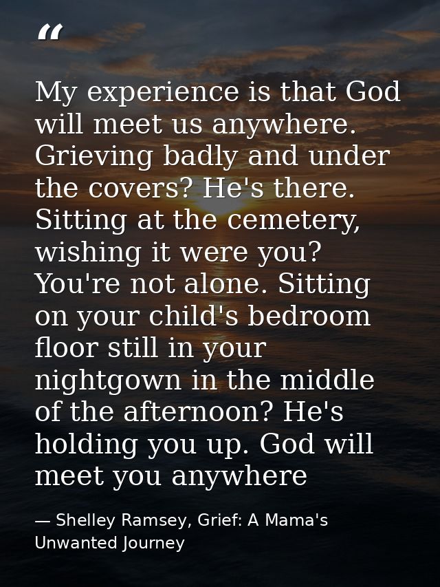 My experience is that God will meet us anywhere. Grieving badly and under the covers? He's there. Sitting at the cemeter — Shelley Ramsey, Grief: A Mama's Unwanted Journey