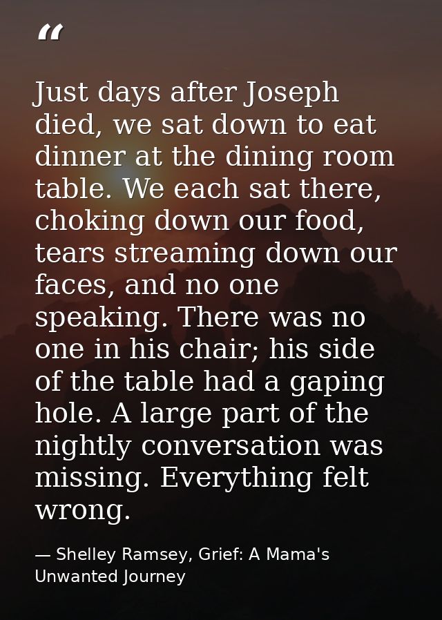 Just days after Joseph died, we sat down to eat dinner at the dining room table. We each sat there, choking down our foo — Shelley Ramsey, Grief: A Mama's Unwanted Journey