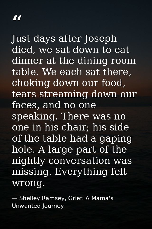 Just days after Joseph died, we sat down to eat dinner at the dining room table. We each sat there, choking down our foo — Shelley Ramsey, Grief: A Mama's Unwanted Journey