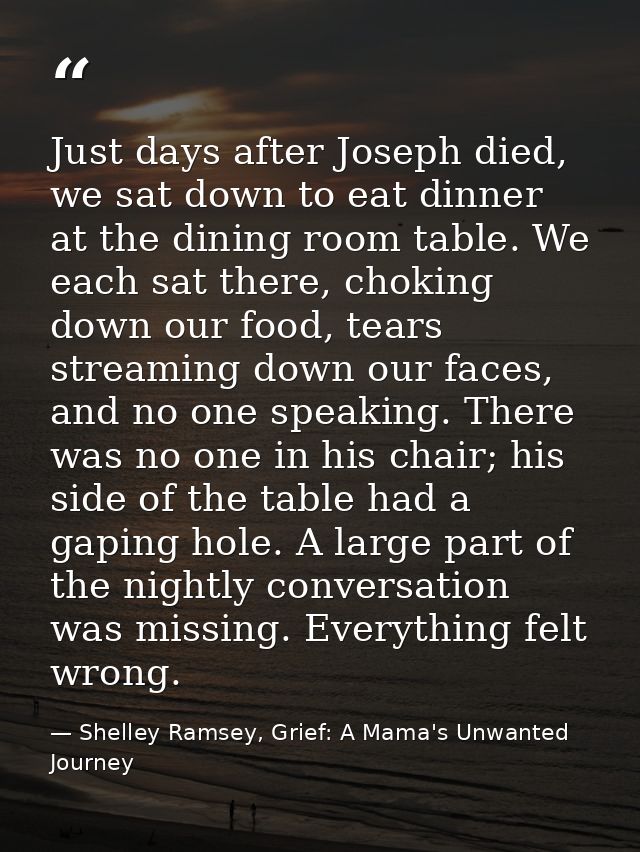 Just days after Joseph died, we sat down to eat dinner at the dining room table. We each sat there, choking down our foo — Shelley Ramsey, Grief: A Mama's Unwanted Journey