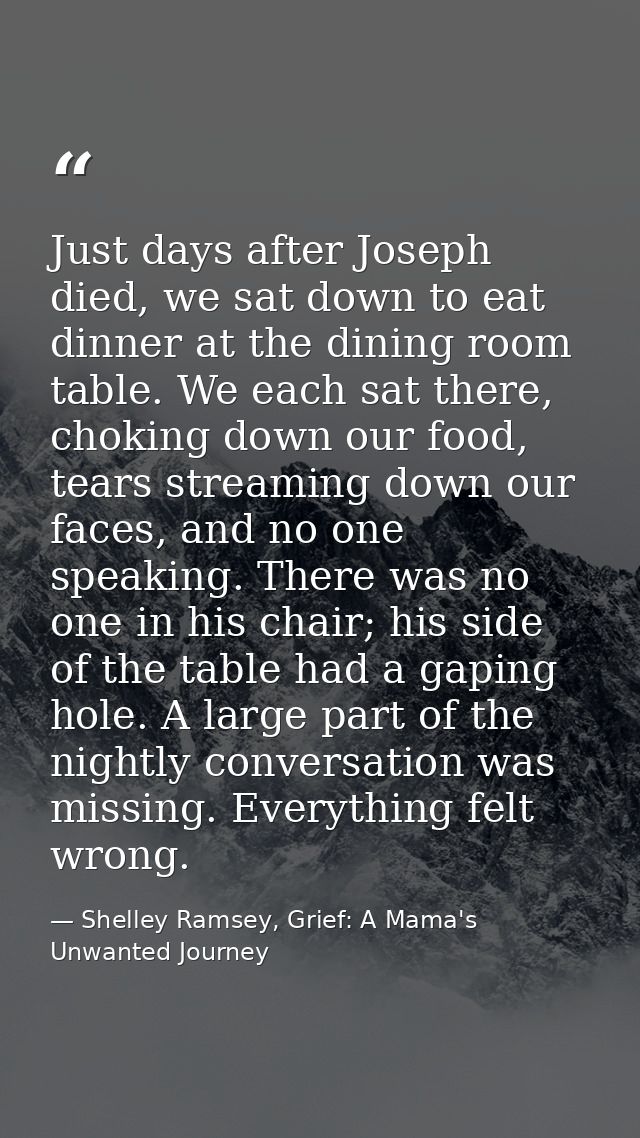 Just days after Joseph died, we sat down to eat dinner at the dining room table. We each sat there, choking down our foo — Shelley Ramsey, Grief: A Mama's Unwanted Journey