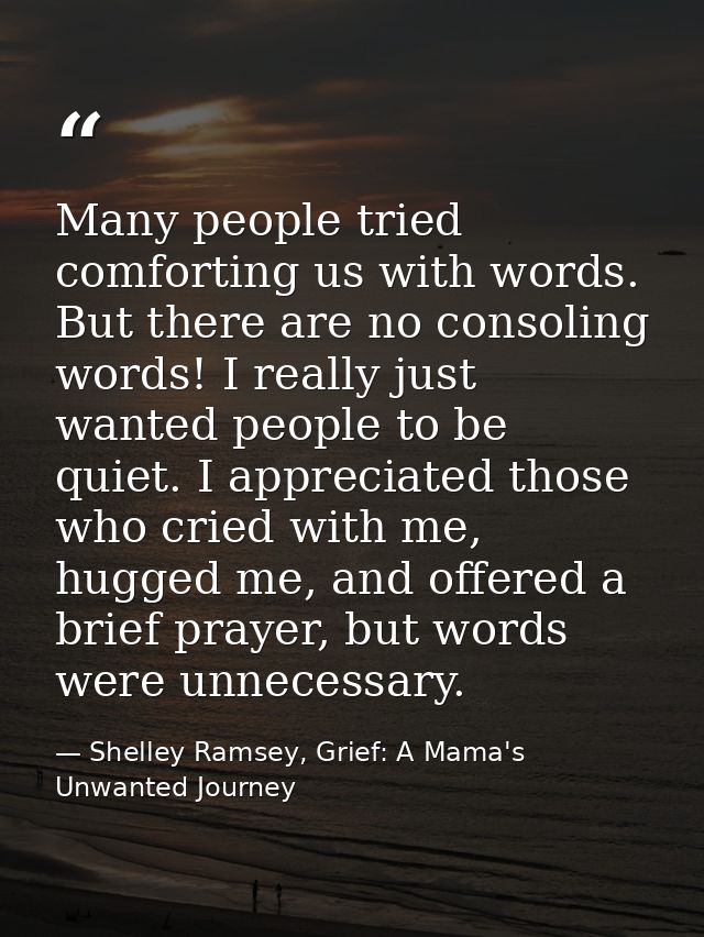 Many people tried comforting us with words. But there are no consoling words! I really just wanted people to be quiet. I — Shelley Ramsey, Grief: A Mama's Unwanted Journey
