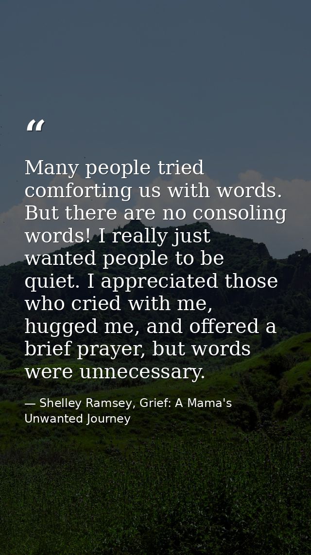 Many people tried comforting us with words. But there are no consoling words! I really just wanted people to be quiet. I — Shelley Ramsey, Grief: A Mama's Unwanted Journey