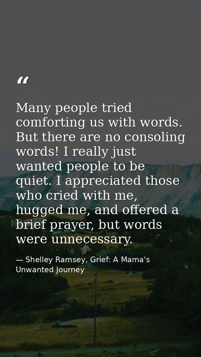 Many people tried comforting us with words. But there are no consoling words! I really just wanted people to be quiet. I — Shelley Ramsey, Grief: A Mama's Unwanted Journey