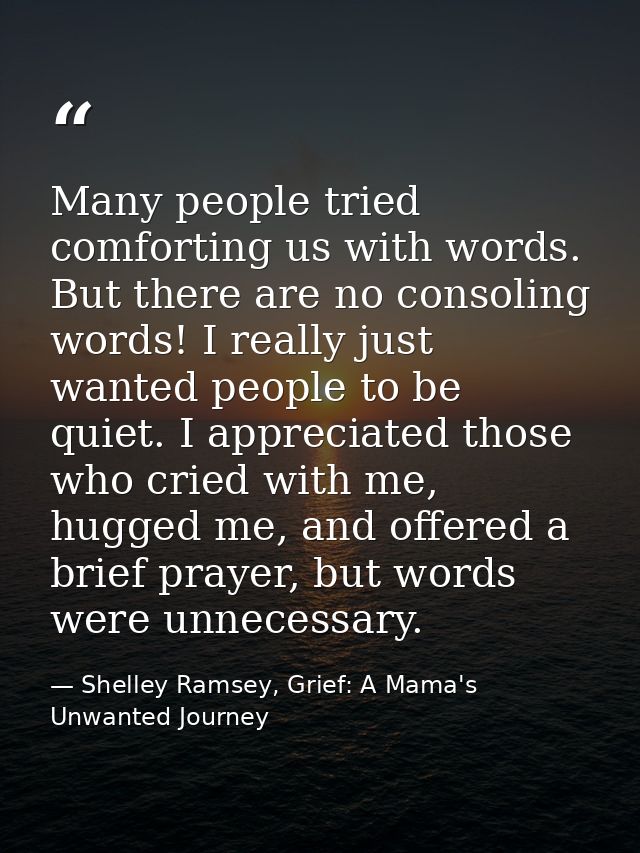 Many people tried comforting us with words. But there are no consoling words! I really just wanted people to be quiet. I — Shelley Ramsey, Grief: A Mama's Unwanted Journey