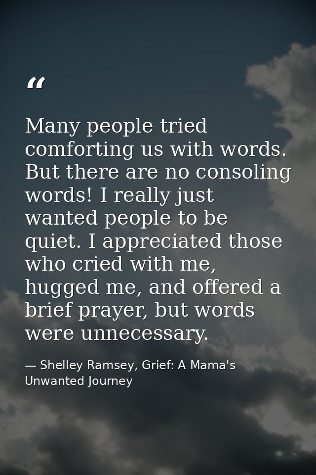 Many people tried comforting us with words. But there are no consoling words! I really just wanted people to be quiet. I — Shelley Ramsey, Grief: A Mama's Unwanted Journey