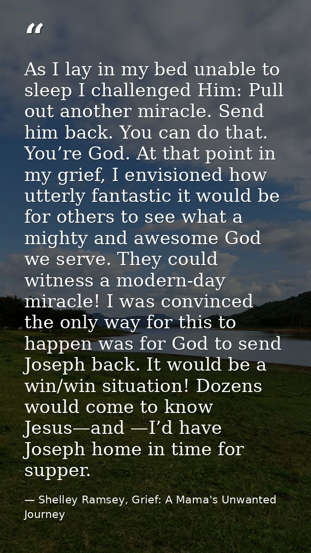 As I lay in my bed unable to sleep I challenged Him: Pull out another miracle. Send him back. You can do that. You’re Go — Shelley Ramsey, Grief: A Mama's Unwanted Journey