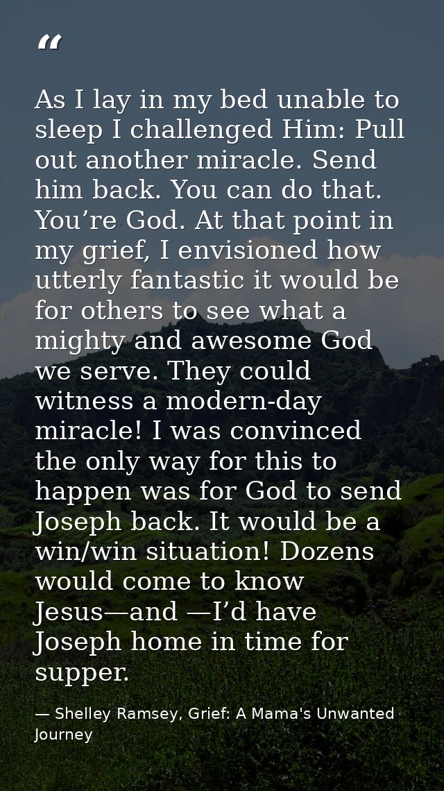 As I lay in my bed unable to sleep I challenged Him: Pull out another miracle. Send him back. You can do that. You’re Go — Shelley Ramsey, Grief: A Mama's Unwanted Journey