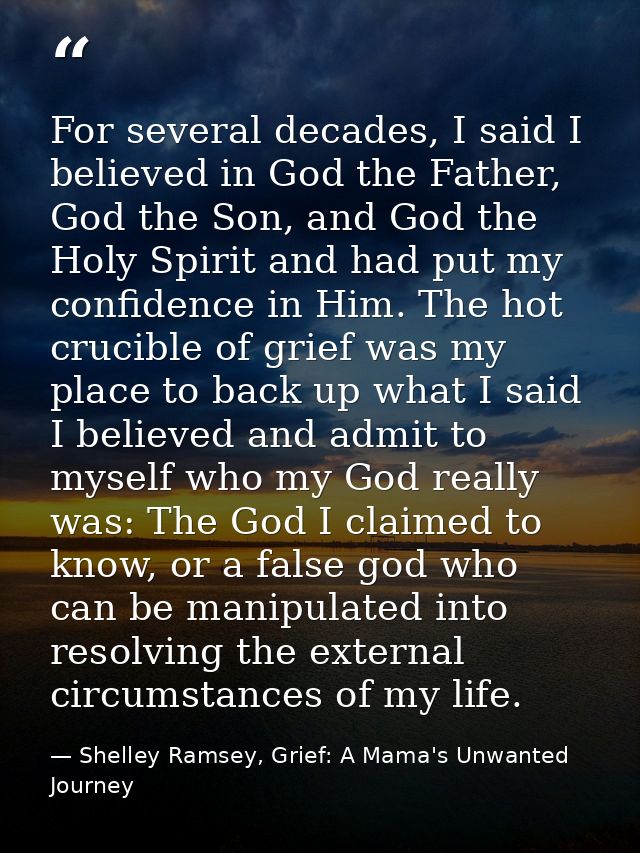 For several decades, I said I believed in God the Father, God the Son, and God the Holy Spirit and had put my confidence — Shelley Ramsey, Grief: A Mama's Unwanted Journey