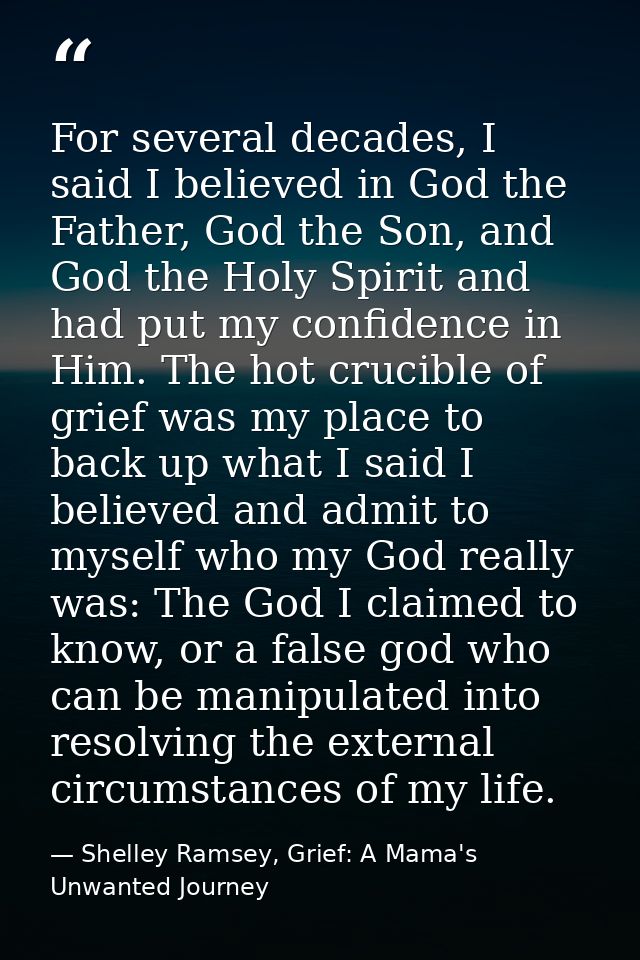 For several decades, I said I believed in God the Father, God the Son, and God the Holy Spirit and had put my confidence — Shelley Ramsey, Grief: A Mama's Unwanted Journey