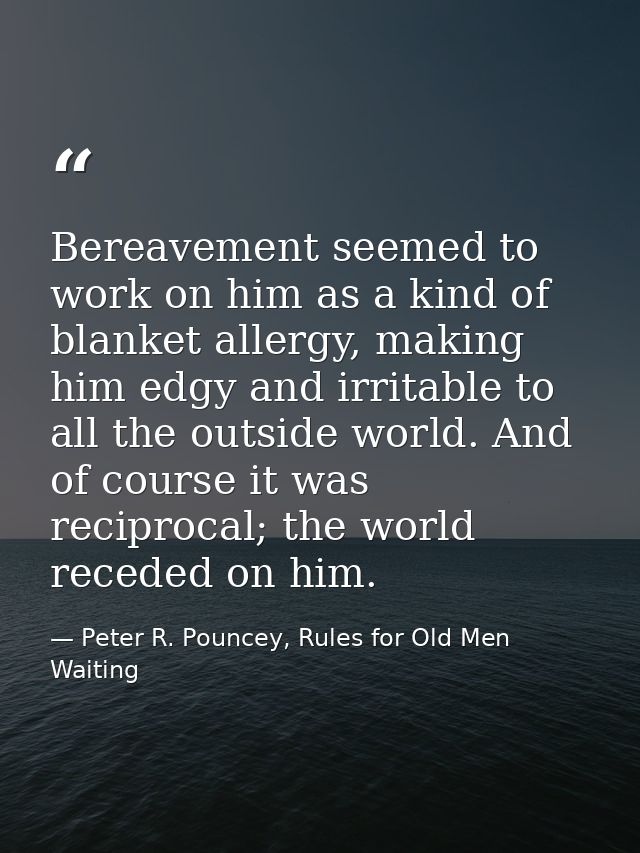 Bereavement seemed to work on him as a kind of blanket allergy, making him edgy and irritable to all the outside world.  — Peter R. Pouncey, Rules for Old Men Waiting
