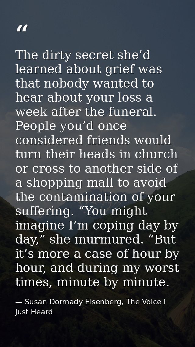 The dirty secret she’d learned about grief was that nobody wanted to hear about your loss a week after the funeral. Peop — Susan Dormady Eisenberg, The Voice I Just Heard
