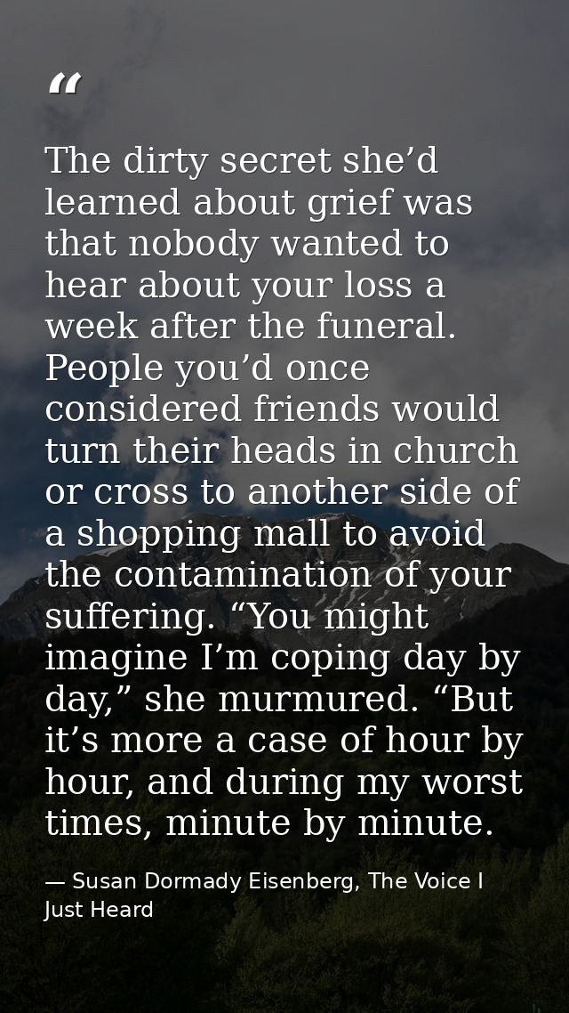 The dirty secret she’d learned about grief was that nobody wanted to hear about your loss a week after the funeral. Peop — Susan Dormady Eisenberg, The Voice I Just Heard