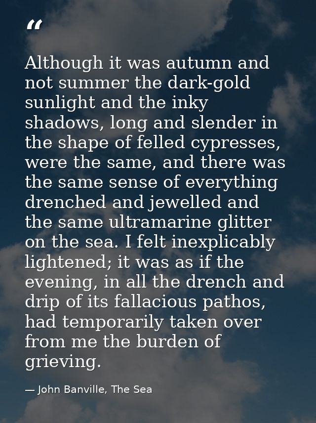 Although it was autumn and not summer the dark-gold sunlight and the inky shadows, long and slender in the shape of fell — John Banville, The Sea