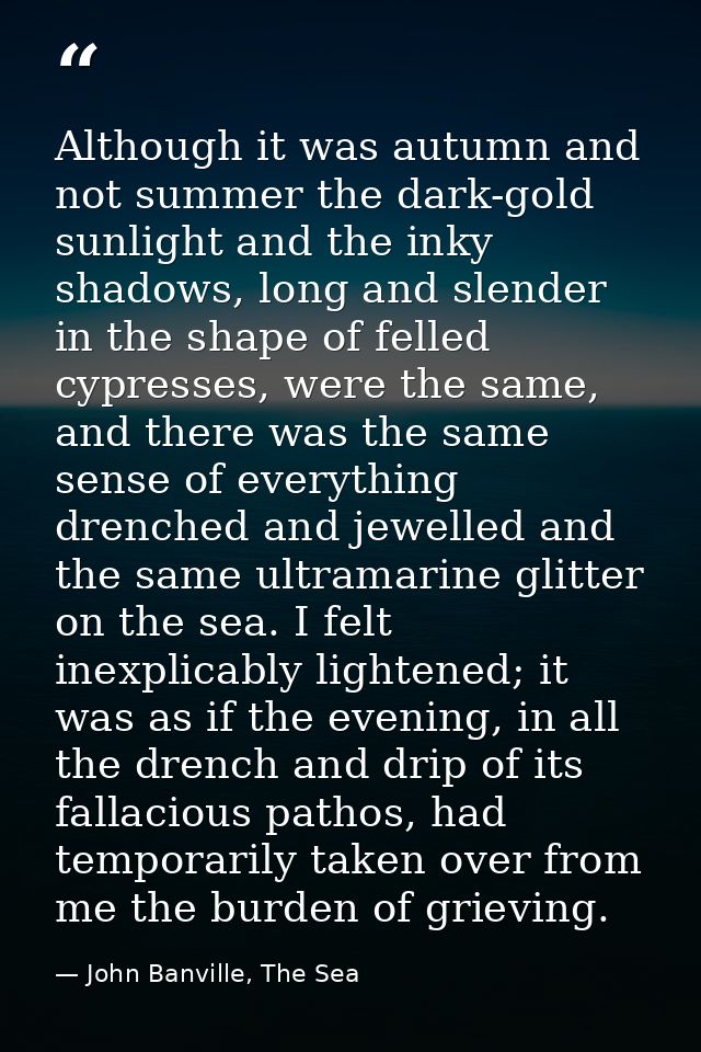 Although it was autumn and not summer the dark-gold sunlight and the inky shadows, long and slender in the shape of fell — John Banville, The Sea