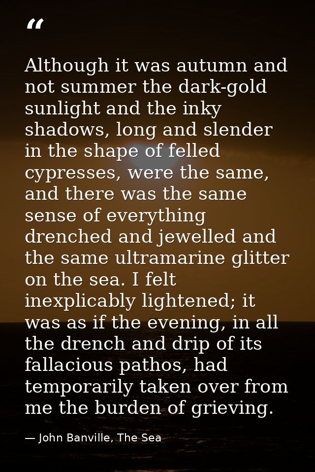 Although it was autumn and not summer the dark-gold sunlight and the inky shadows, long and slender in the shape of fell — John Banville, The Sea