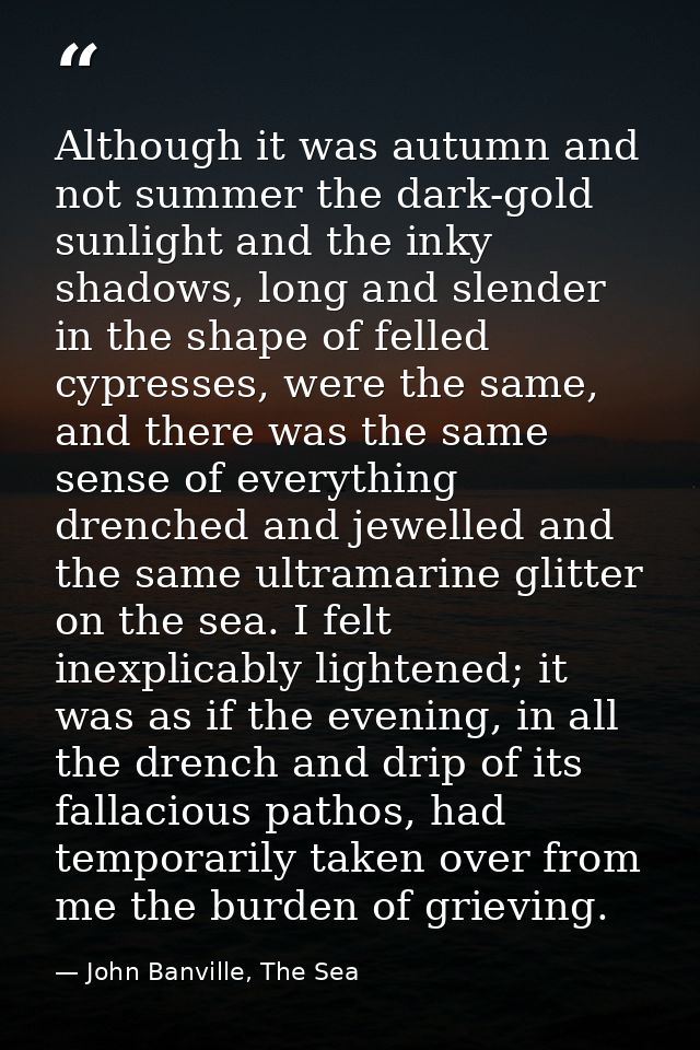 Although it was autumn and not summer the dark-gold sunlight and the inky shadows, long and slender in the shape of fell — John Banville, The Sea
