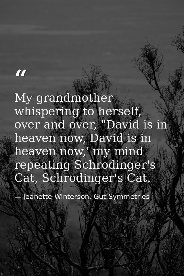 My grandmother whispering to herself, over and over, "David is in heaven now, David is in heaven now,' my mind repeating — Jeanette Winterson, Gut Symmetries